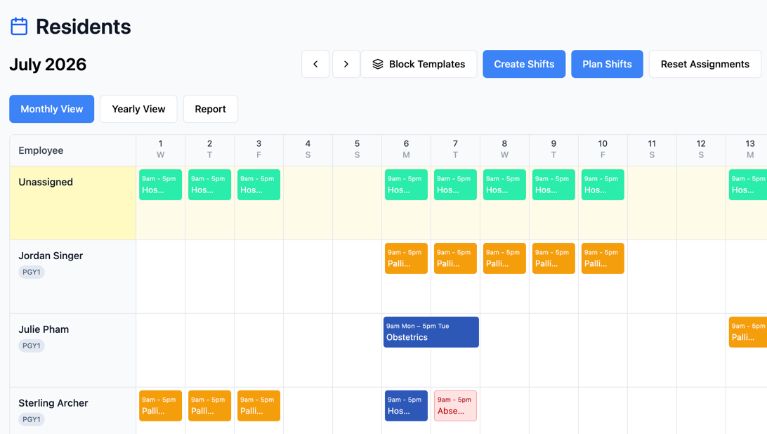 ExactShifts monthly resident schedule